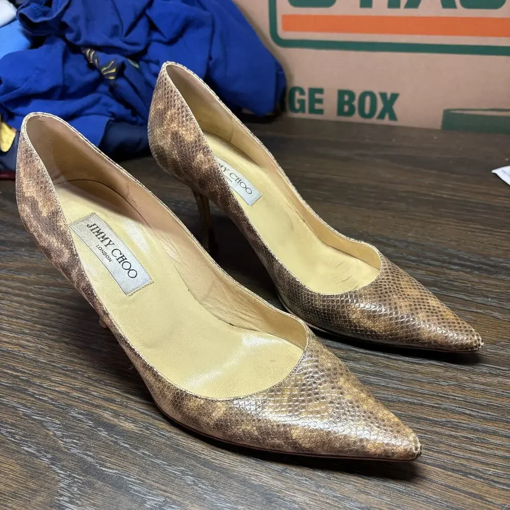 Jimmy Choo Snakeskin Leather Pumps Heels 39 8.5 Brown Pointed Toe Python Italy